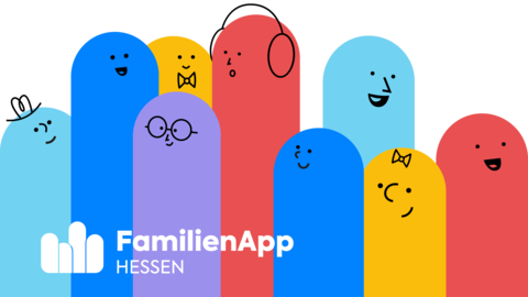 Logo der Familienkarte Hessen mit bunten Männchen mit gezeichneten Gesichtern