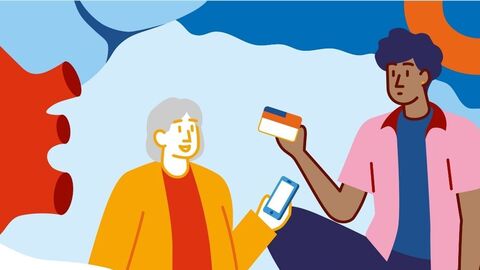 Zeichnung mit einem jungen Mann, der einen Organspendeausweis in der Hand hält und eine ältere Frau zeigt ihm ihr Handy.